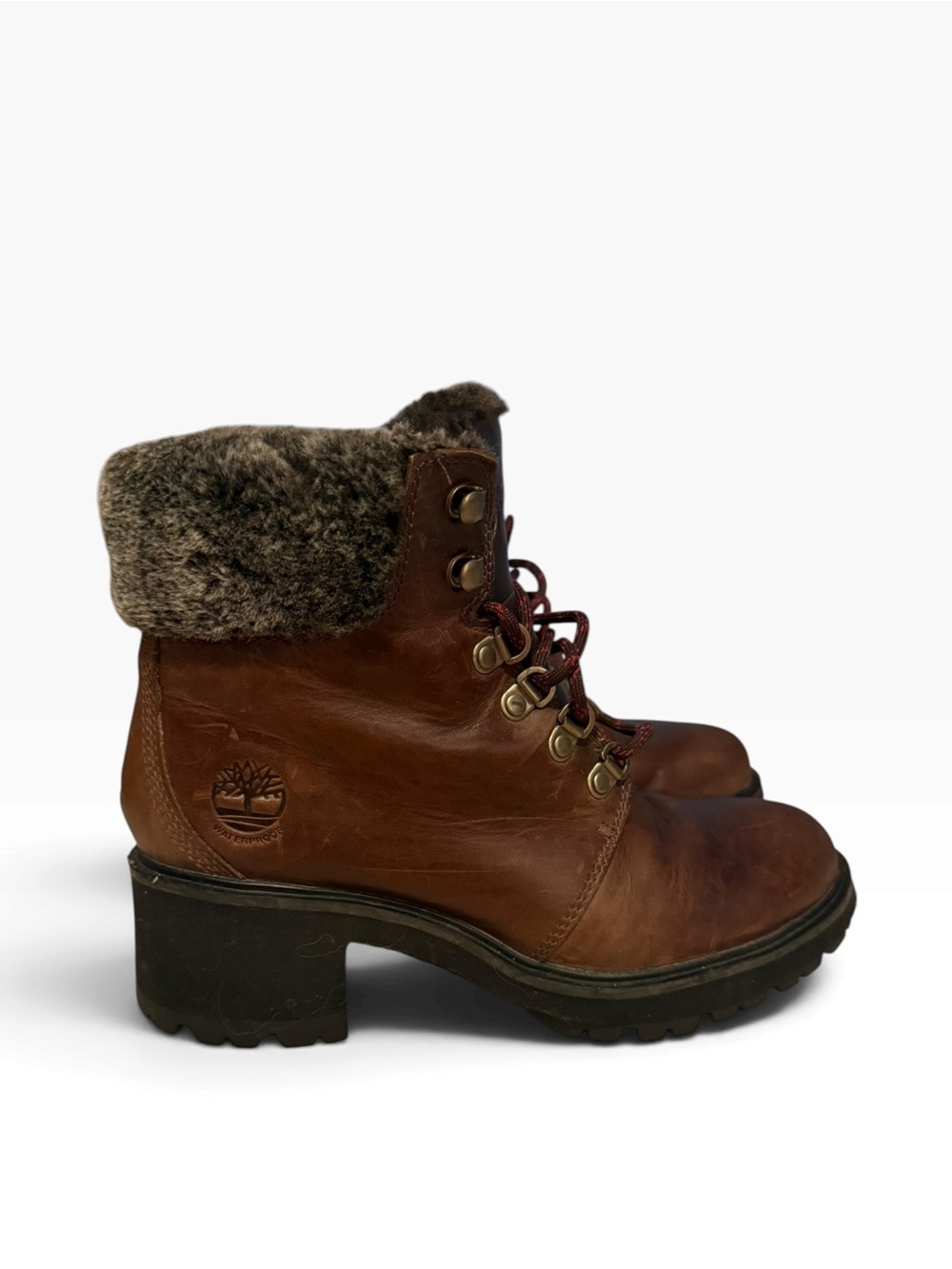 Timberland Kinsley Women's Brown Leather Lace-Up Fur Collar Boots Size 7